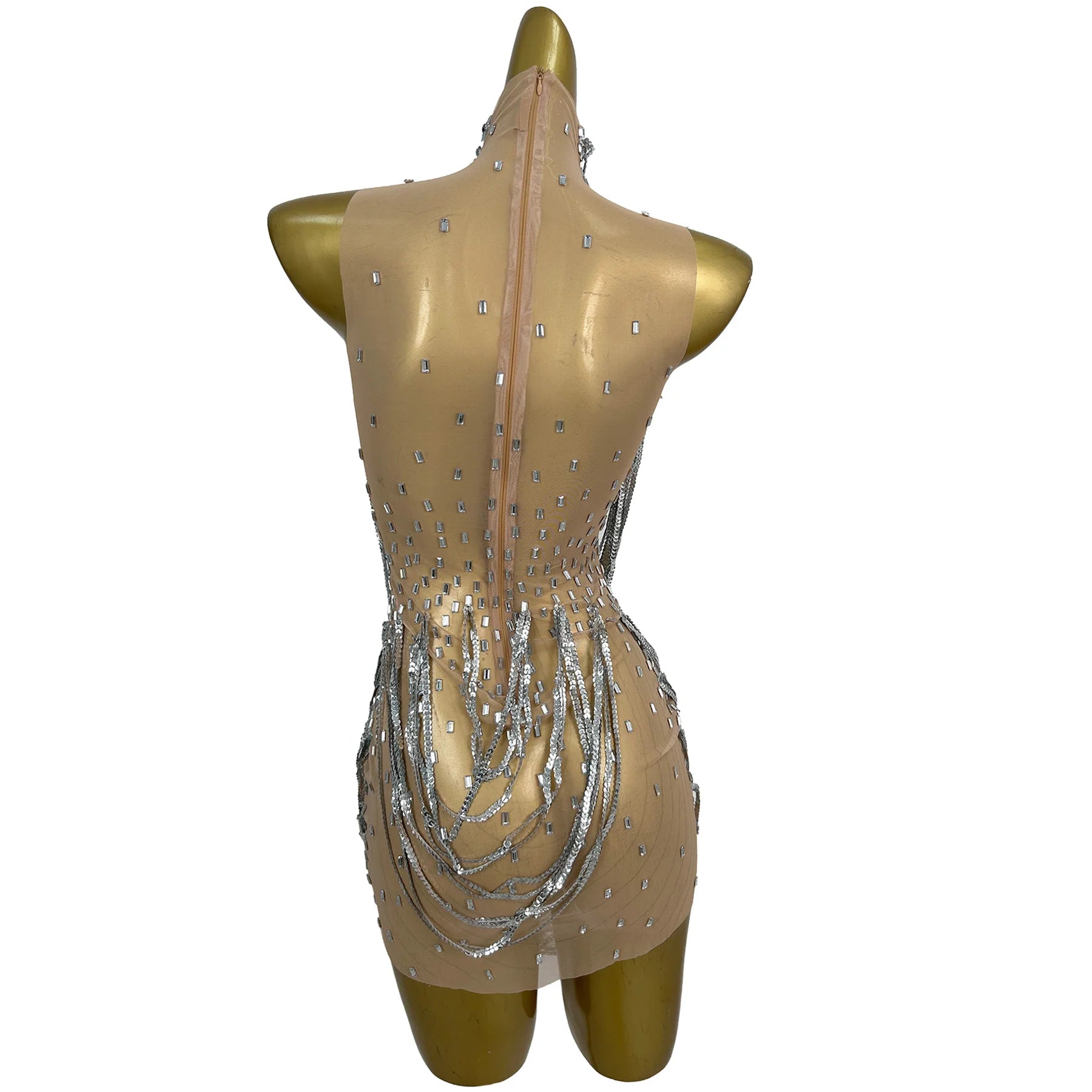 Xiansuo Womens Luxury Silver Metal Chain Bodycon Dress Sheer Mesh Cutout High Neck Party Club Rave Stage Performance Outfit