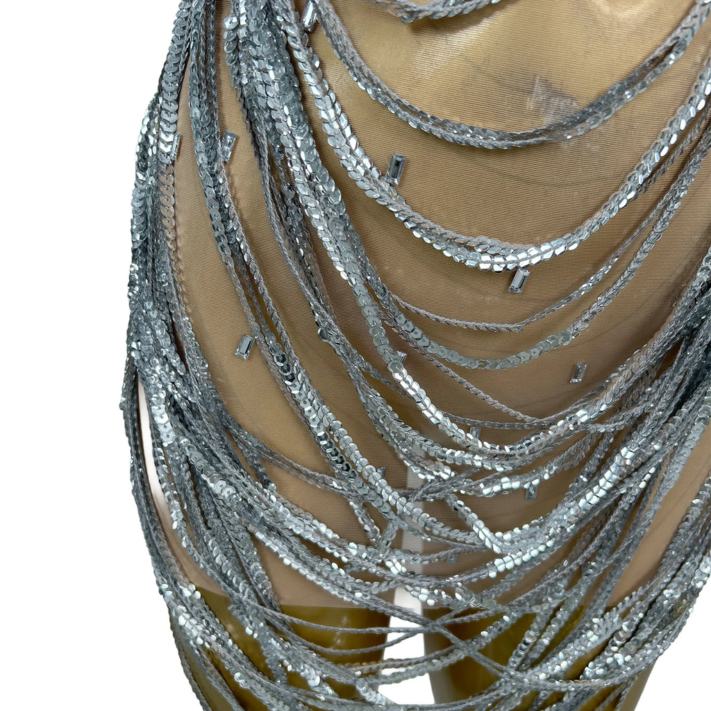 Xiansuo Womens Luxury Silver Metal Chain Bodycon Dress Sheer Mesh Cutout High Neck Party Club Rave Stage Performance Outfit