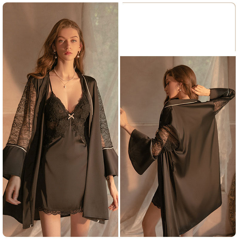 Sexy pajamas women's summer ice silk thin section with chest pads gathered lace backless suspenders beautiful back nightdress