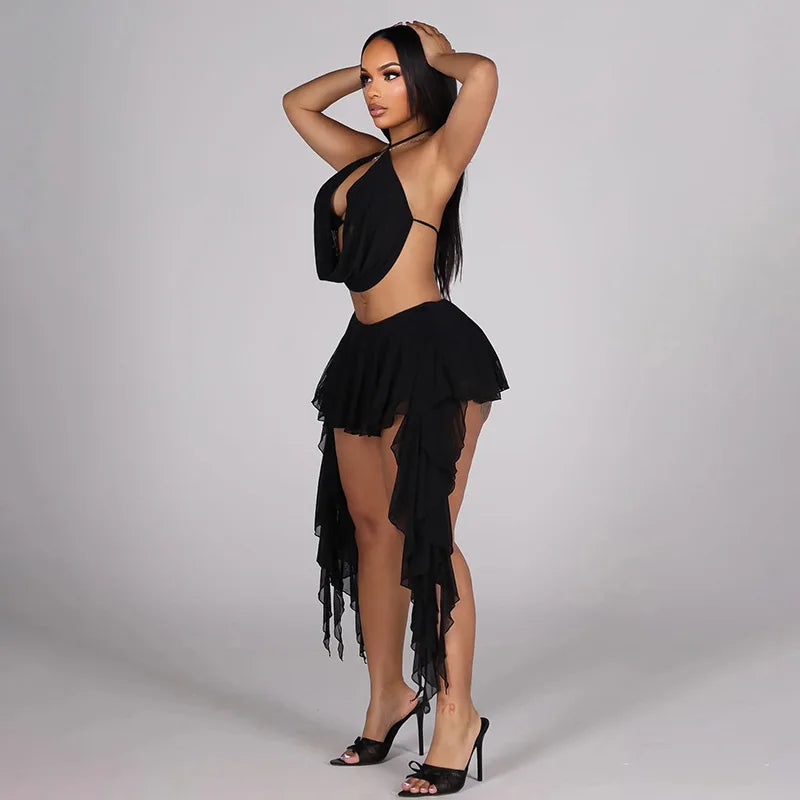 Women Sexy Solid Mesh 2 Piece Set Swinging Collar Lace Up Halter Backless Camis Crop Tops + Ruffles Mini Skirts Clubwear Suits