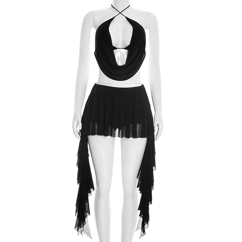 Women Sexy Solid Mesh 2 Piece Set Swinging Collar Lace Up Halter Backless Camis Crop Tops + Ruffles Mini Skirts Clubwear Suits
