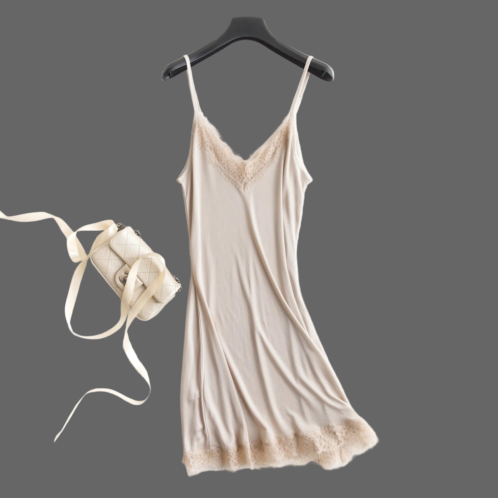 Tangge Spring and Summer Mulberry Silk Loose V-neck Lace Silk Sling Nightdress Sexy Pajamas Silk Base Petticoat