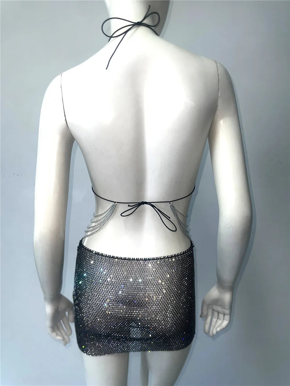 Women Shiny Full Diamond Skirt Set Sexy Perspective Fishnet Metal Chain Tassel Backless Hollow Skirt Rave Festival Outfits Dress