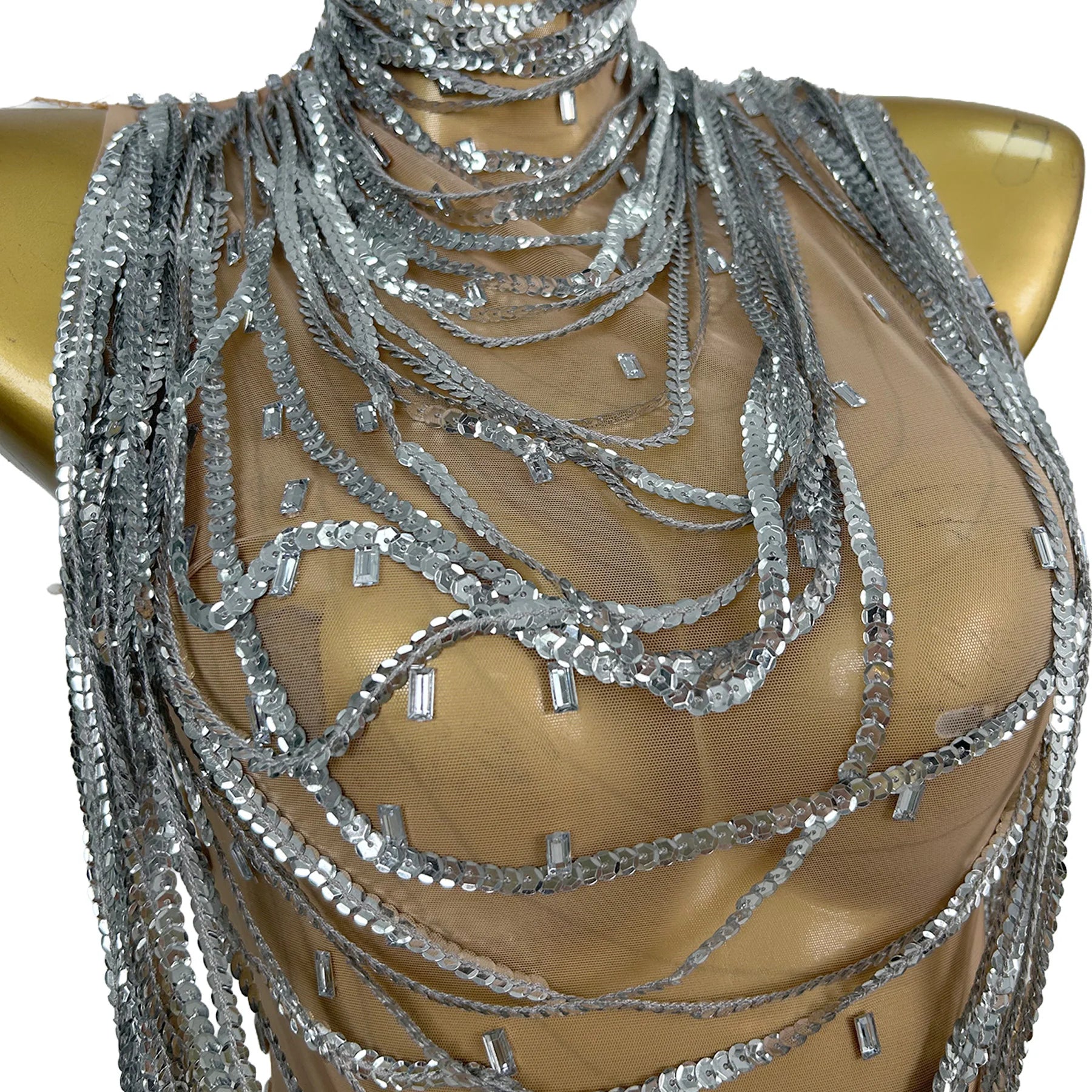 Xiansuo Womens Luxury Silver Metal Chain Bodycon Dress Sheer Mesh Cutout High Neck Party Club Rave Stage Performance Outfit
