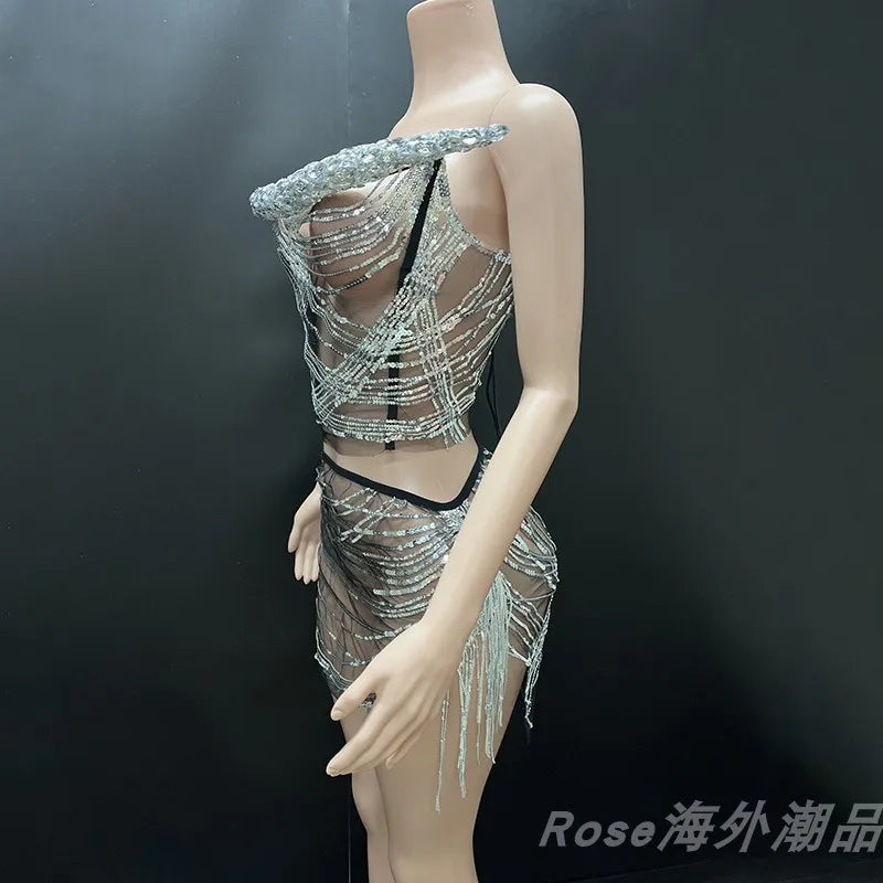 Birthday Party Dress Silver Transparent Sexy Tops Skirt Split Set Model Fashion Show Stage Costume Nightclub Gogo Rave Clothes