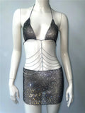 Women Shiny Full Diamond Skirt Set Sexy Perspective Fishnet Metal Chain Tassel Backless Hollow Skirt Rave Festival Outfits Dress
