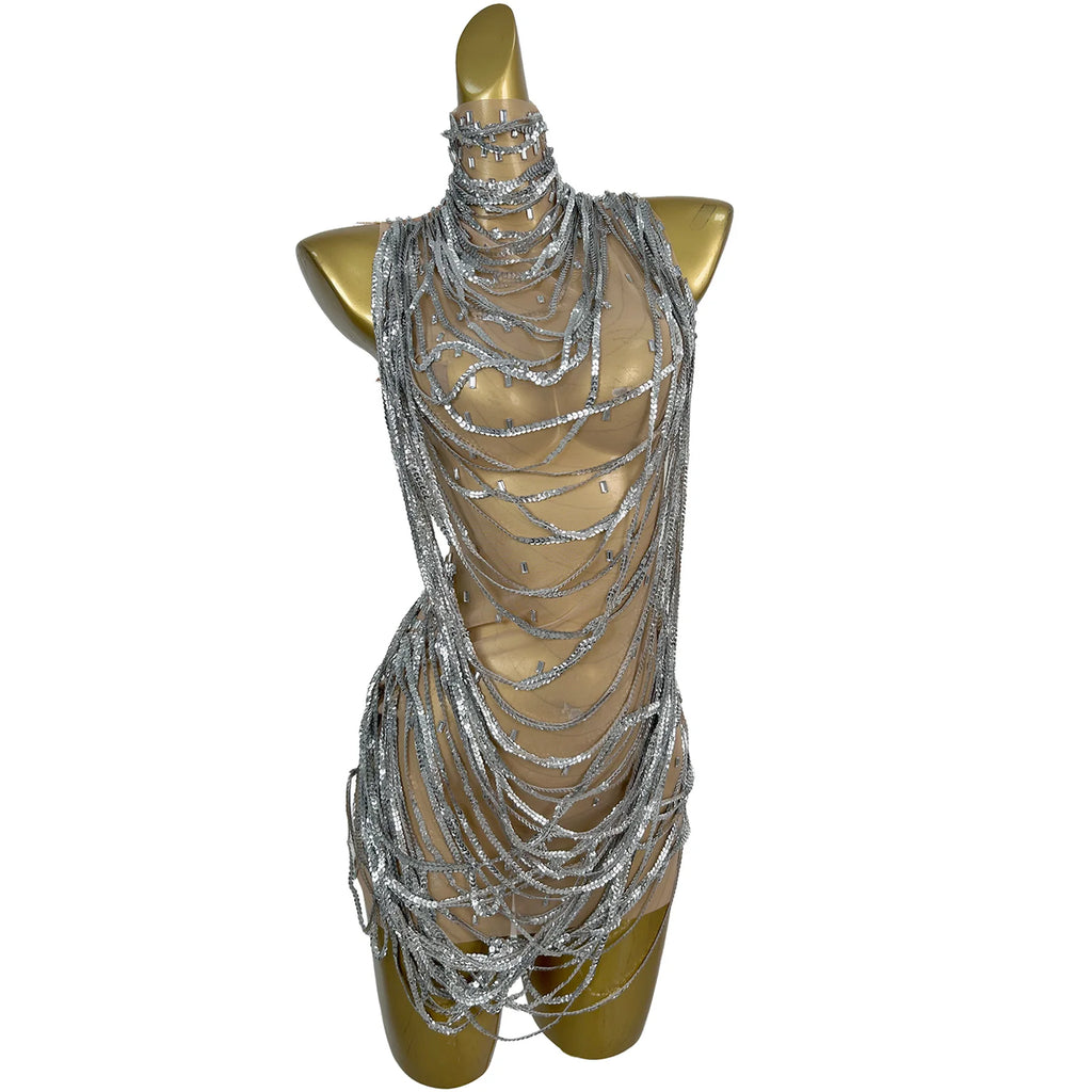Xiansuo Womens Luxury Silver Metal Chain Bodycon Dress Sheer Mesh Cutout High Neck Party Club Rave Stage Performance Outfit