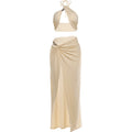 Weird Puss Metal Chain Patchwork 2 Piece Set Woman Halter Off Shoulder Irregular Tank Tops+High Splits Long Skirts Sexy Outfits