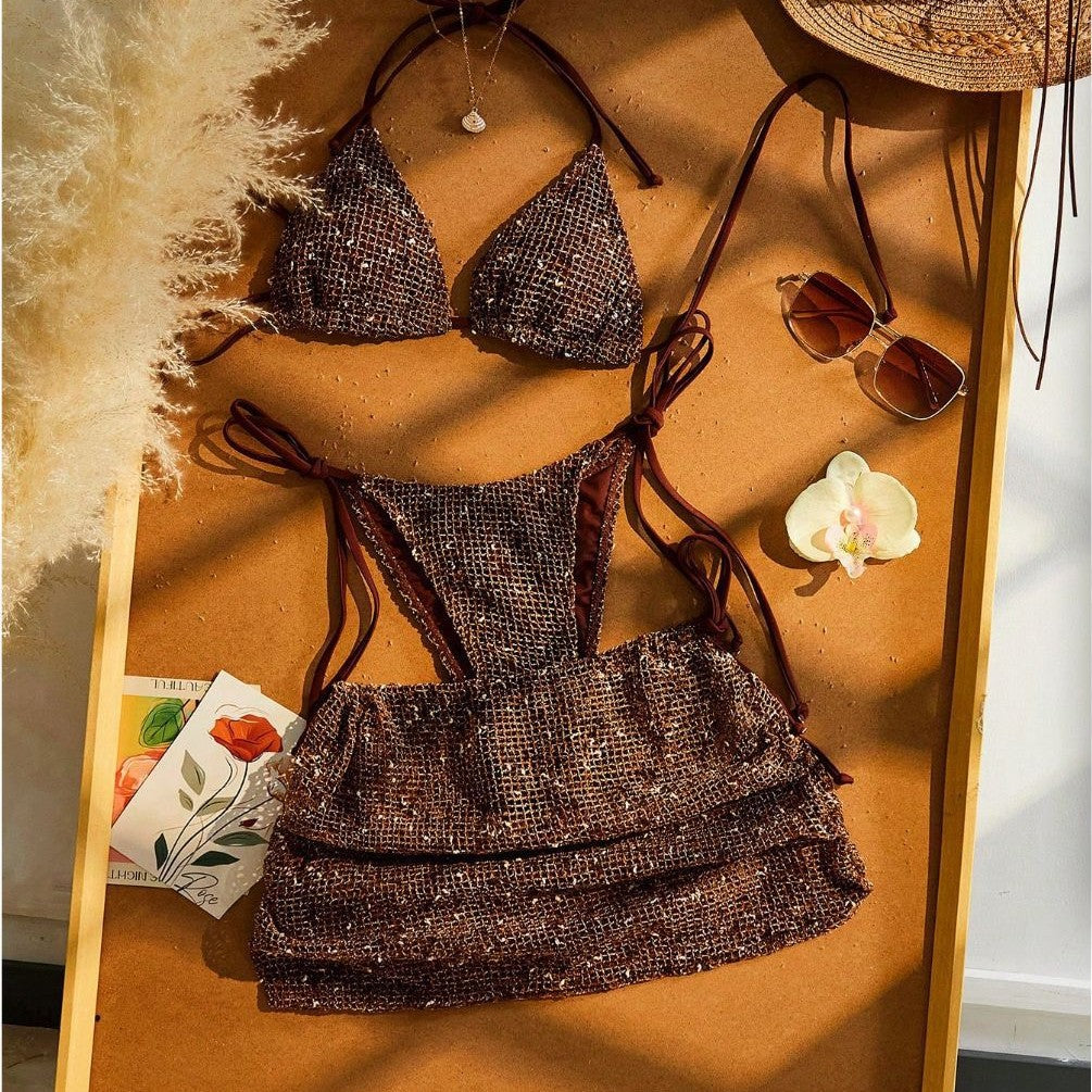 Mesh Three-Piece Bikini Swimwear Set Sexy Bathing Suit for Women