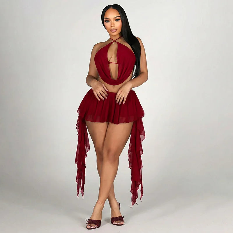 Women Sexy Solid Mesh 2 Piece Set Swinging Collar Lace Up Halter Backless Camis Crop Tops + Ruffles Mini Skirts Clubwear Suits