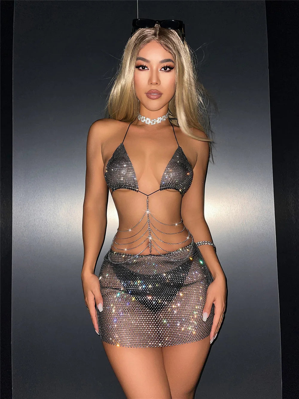 Women Shiny Full Diamond Skirt Set Sexy Perspective Fishnet Metal Chain Tassel Backless Hollow Skirt Rave Festival Outfits Dress