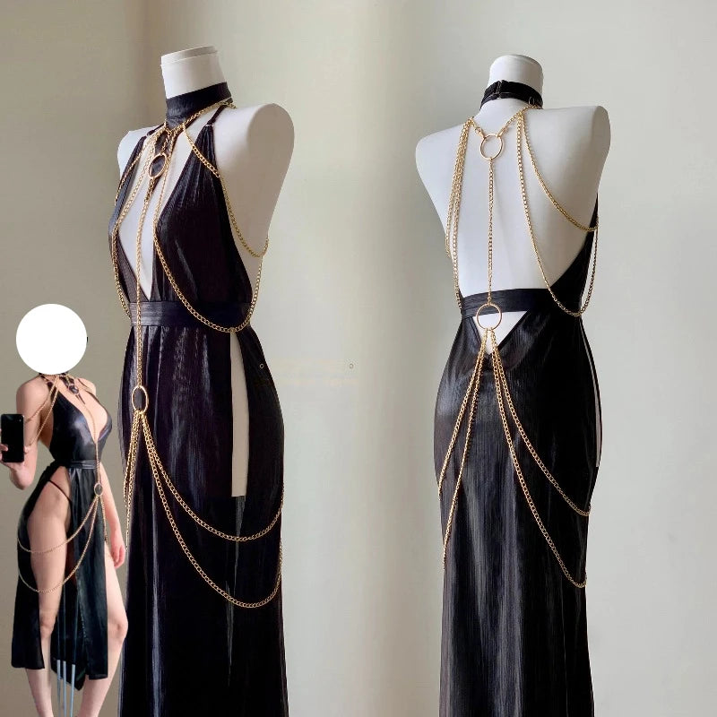 Egyptian Queen Sexy Cosplay Costume Metal Body Chain Gown slim-fit Dress Pharaoh Nile Style Suit Women Halloween Party Outfits