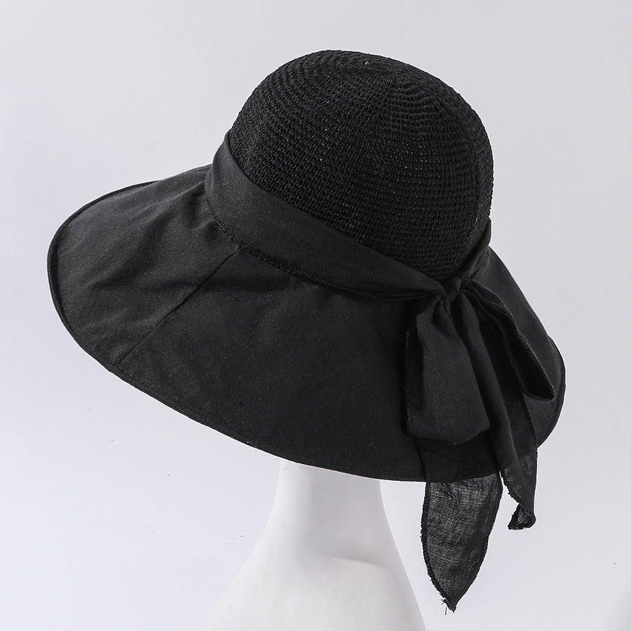 Knitted Stitching Large Brimmed Sun Hat Women's Outdoor Sun Protection Sun Hat Wild Bow Beach Hat
