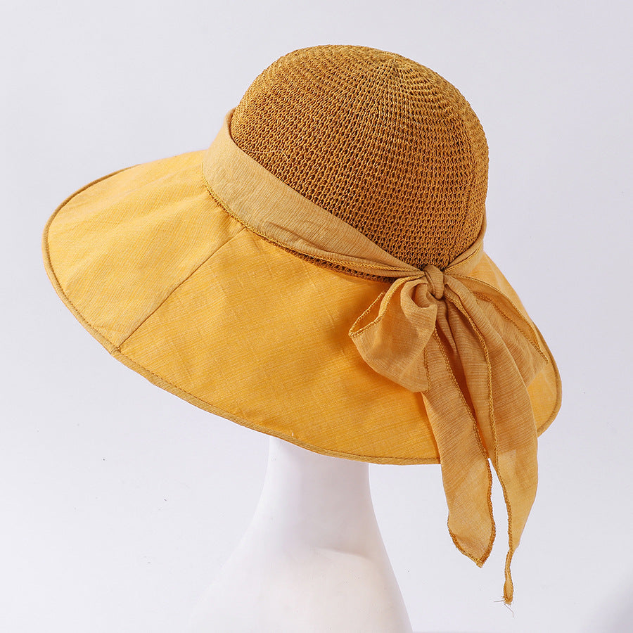 Knitted Stitching Large Brimmed Sun Hat Women's Outdoor Sun Protection Sun Hat Wild Bow Beach Hat