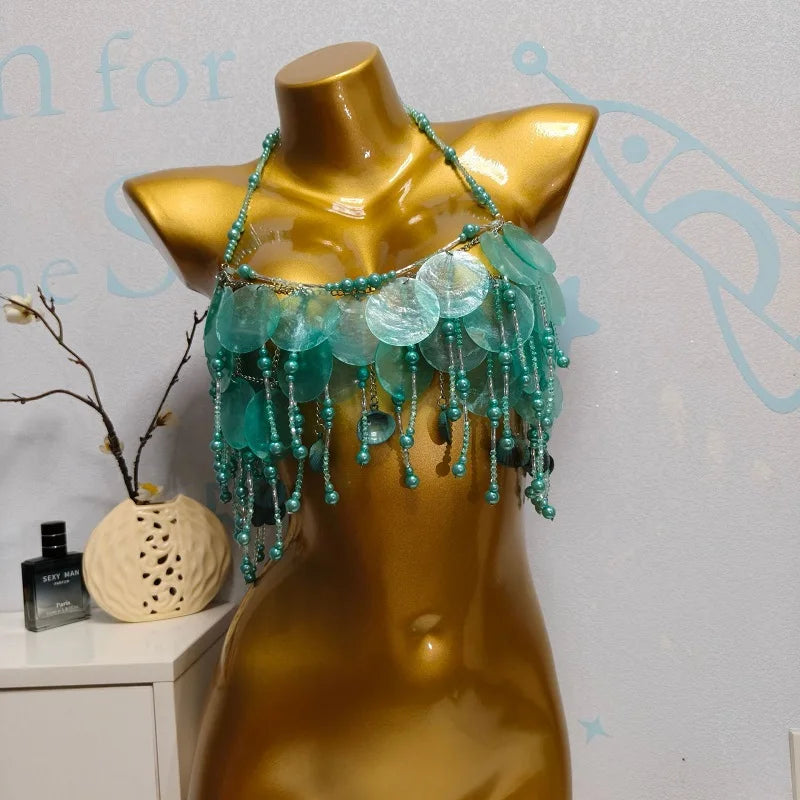 Handmade Sparkly Mermaid Top Costume Women Belly Dance Green and Red Pearls Beaded Top Rave Outfit Sequins Beaded Bra Tops