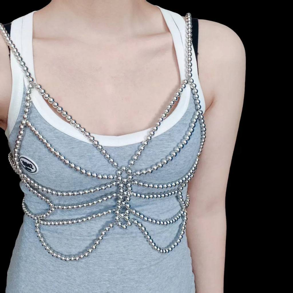 Shining Gold Color Tiny Round Bead Camisole Body Chain Set Butterfly Shaped Sexy Nightclub Dance Exotic Outfit Accessory