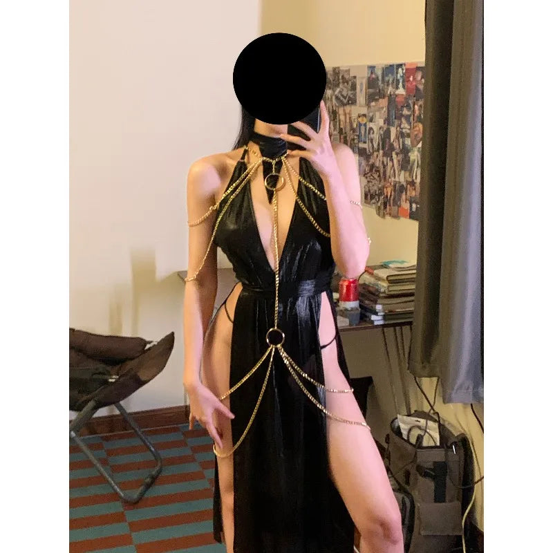 Egyptian Queen Sexy Cosplay Costume Metal Body Chain Gown slim-fit Dress Pharaoh Nile Style Suit Women Halloween Party Outfits