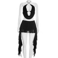 Women Sexy Solid Mesh 2 Piece Set Swinging Collar Lace Up Halter Backless Camis Crop Tops + Ruffles Mini Skirts Clubwear Suits