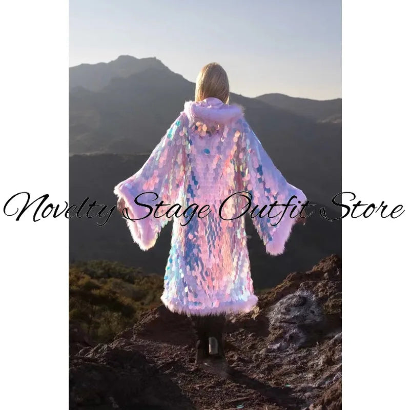 LED Sequins Long Coat Hoodie Women Nightclub DJ Party Rave Outfit Festival Stage Performance Wear Winter Warm Clothes 2026