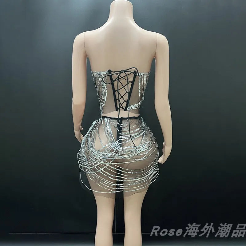 Birthday Party Dress Silver Transparent Sexy Tops Skirt Split Set Model Fashion Show Stage Costume Nightclub Gogo Rave Clothes