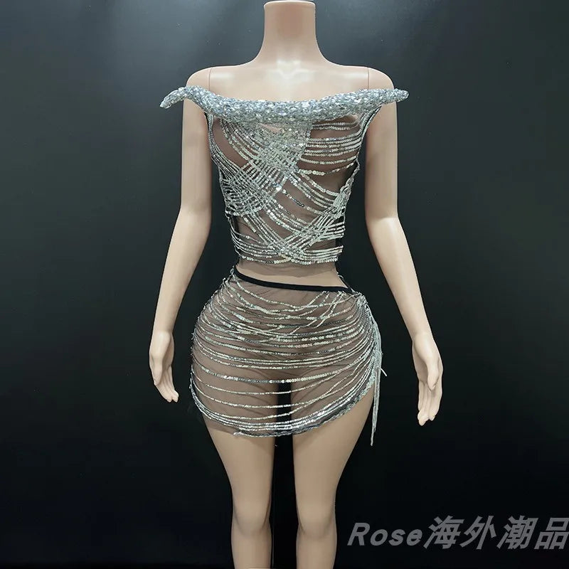 Birthday Party Dress Silver Transparent Sexy Tops Skirt Split Set Model Fashion Show Stage Costume Nightclub Gogo Rave Clothes