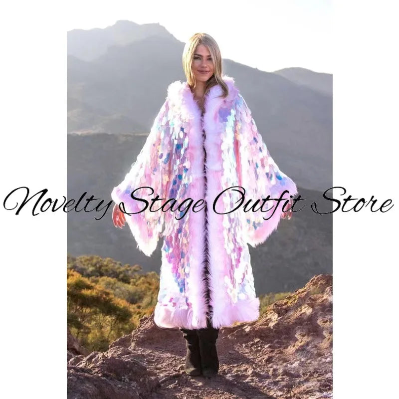 LED Sequins Long Coat Hoodie Women Nightclub DJ Party Rave Outfit Festival Stage Performance Wear Winter Warm Clothes 2026