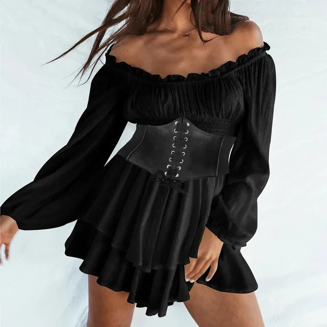Women's Ruffles Romper Dress With Belt White A Line Long Sleeve Dress Off Shoulder Knee Length Ladies Elegant Dress Rave Outfits