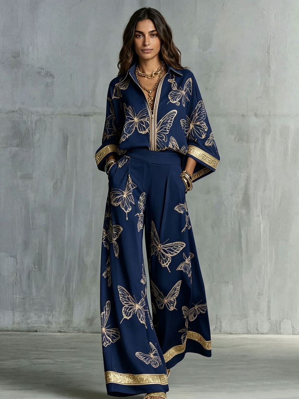 Style Women's Retro Printed Sexy Deep V Neck Loose Zipper Top with Wide Leg Pants Two-Piece Set