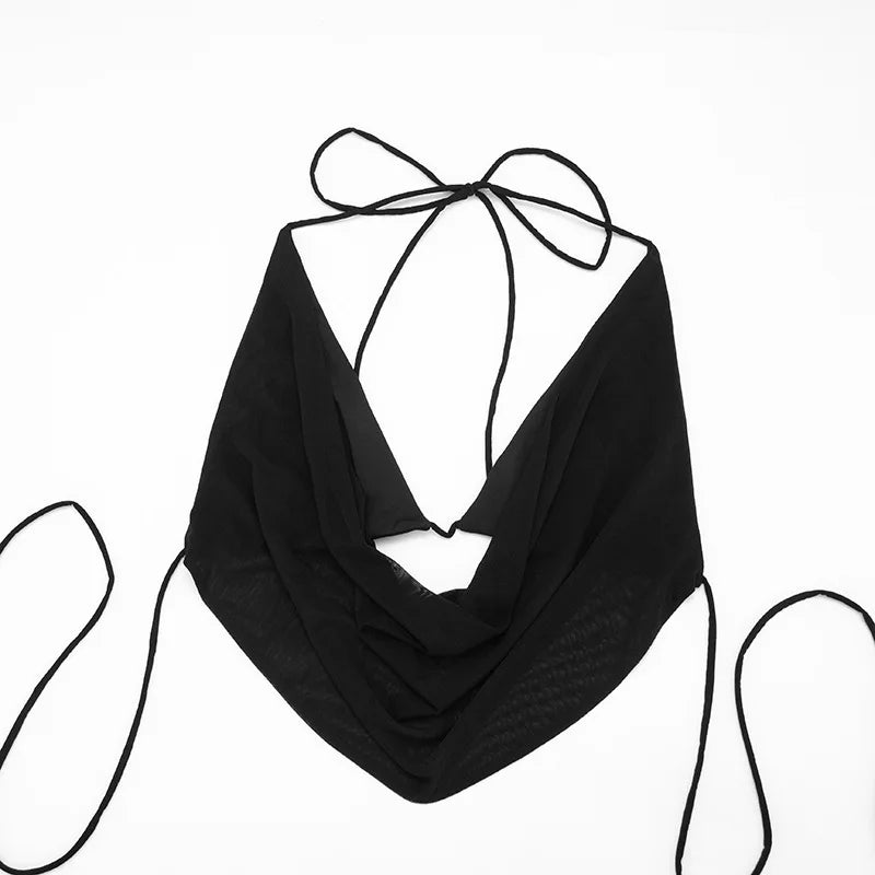 Women Sexy Solid Mesh 2 Piece Set Swinging Collar Lace Up Halter Backless Camis Crop Tops + Ruffles Mini Skirts Clubwear Suits