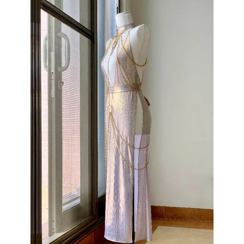 Egyptian Queen Sexy Cosplay Costume Metal Body Chain Gown slim-fit Dress Pharaoh Nile Style Suit Women Halloween Party Outfits