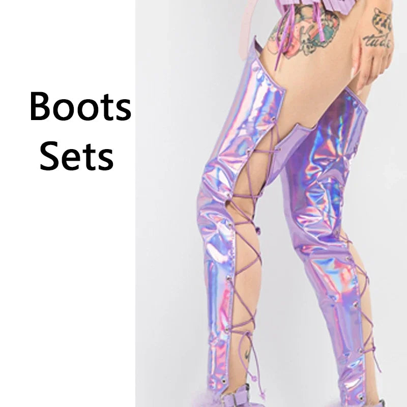 Purple Laser Bikini Sexy Bikini Leg Sets Sexy Pole Dance Clothing Nightclub Dj Ds Stage Festival Outfit Rave Clothes XS4580