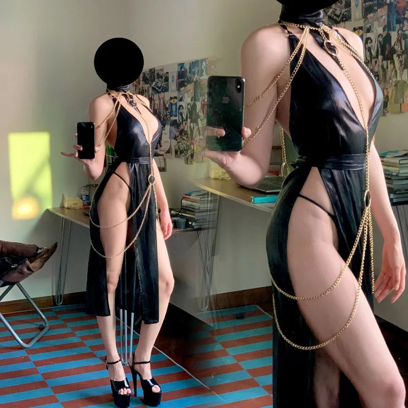 Egyptian Queen Sexy Cosplay Costume Metal Body Chain Gown slim-fit Dress Pharaoh Nile Style Suit Women Halloween Party Outfits