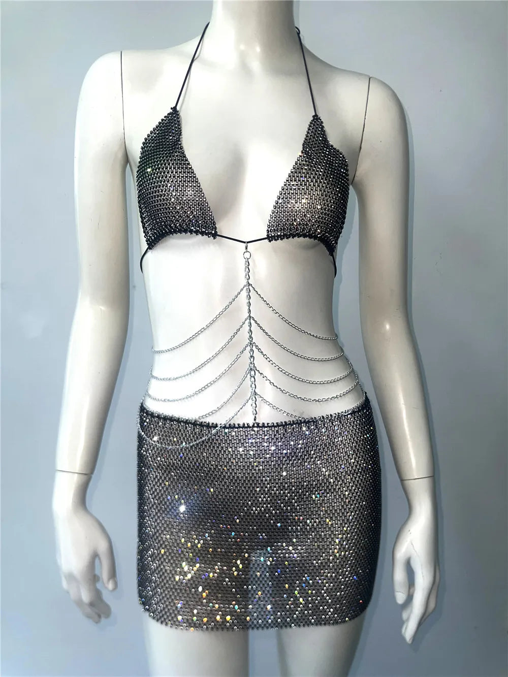 Women Shiny Full Diamond Skirt Set Sexy Perspective Fishnet Metal Chain Tassel Backless Hollow Skirt Rave Festival Outfits Dress