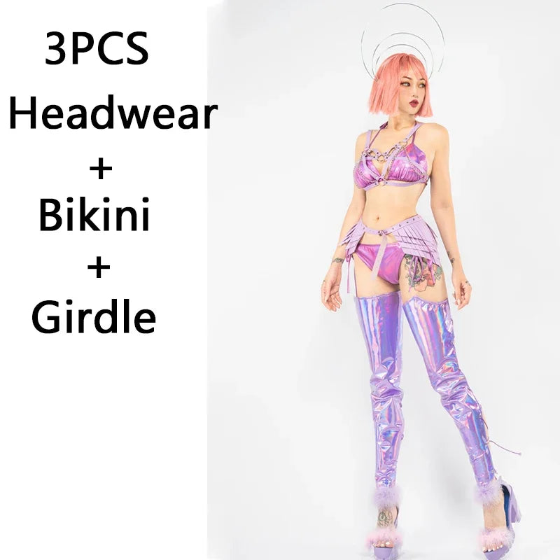 Purple Laser Bikini Sexy Bikini Leg Sets Sexy Pole Dance Clothing Nightclub Dj Ds Stage Festival Outfit Rave Clothes XS4580