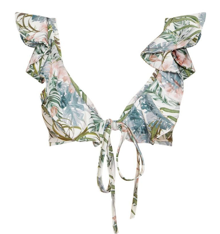 Leaves Print Bikinis  Ruffle Shoulder Swimwear Women Bikini Set Deep-V Bathing Suit Swimming Suits For Women Biquinis