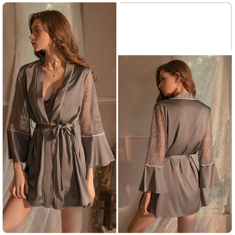 Sexy pajamas women's summer ice silk thin section with chest pads gathered lace backless suspenders beautiful back nightdress
