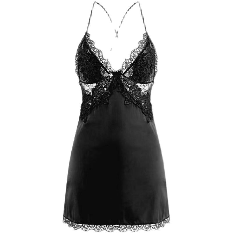 Sexy pajamas women's summer ice silk thin section with chest pads gathered lace backless suspenders beautiful back nightdress