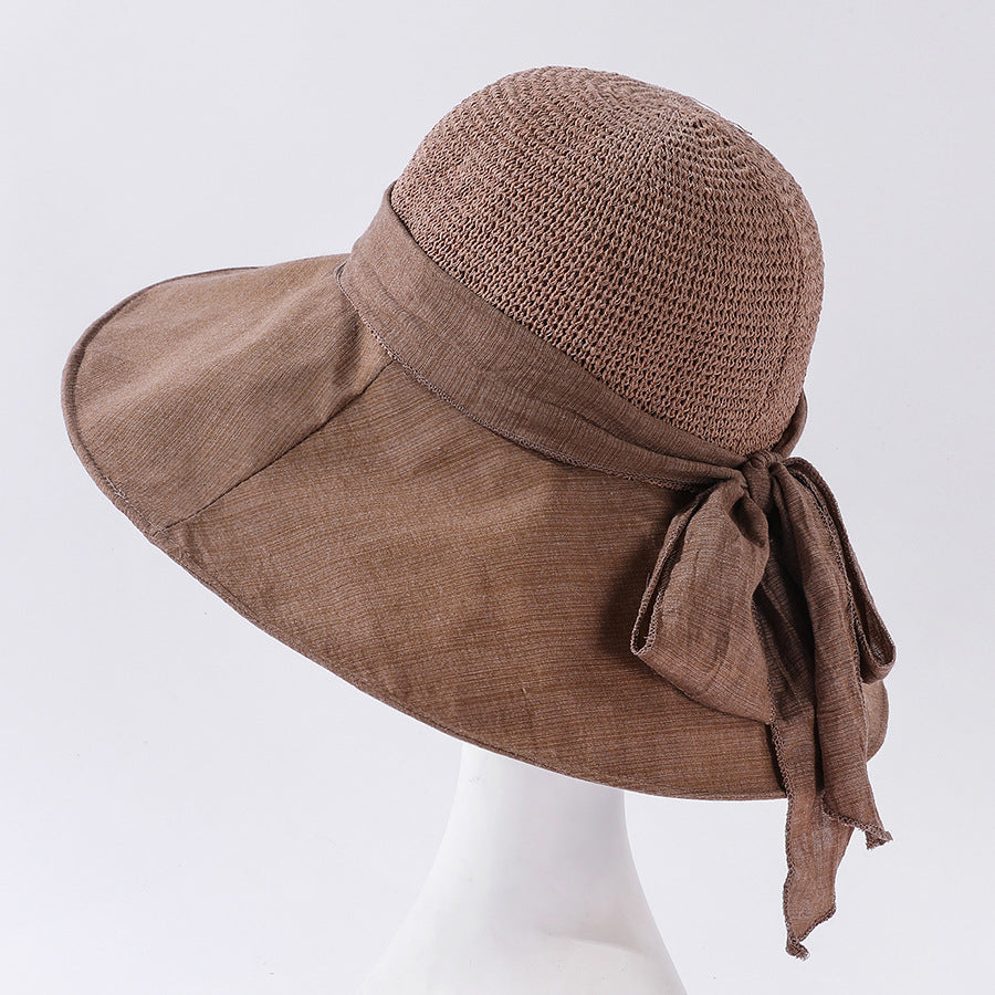 Knitted Stitching Large Brimmed Sun Hat Women's Outdoor Sun Protection Sun Hat Wild Bow Beach Hat