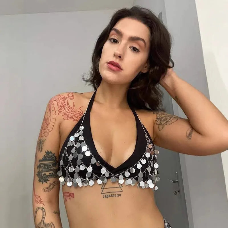 Sexy Sequins Hanging Neck Bra Top Chest Chain and Skirt Women Beach Crystal Tassel Pendant Body Chain Festival Y2K Jewelry
