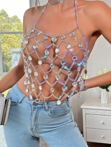 Festival Crystal Sweet  Chain Top for Women Body Jewelry Party Rave Chest Chain Summer Beach Cover