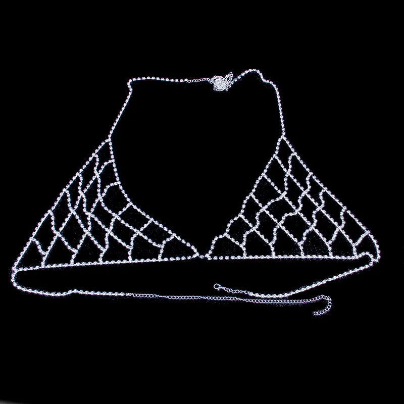 Rhinestone Mesh Body Chain Bra Accessories for Women Waist Chain Thong Panties Underwear