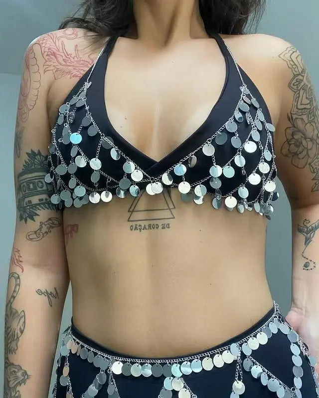 Sexy Sequins Hanging Neck Bra Top Chest Chain and Skirt Women Beach Crystal Tassel Pendant Body Chain Festival Y2K Jewelry