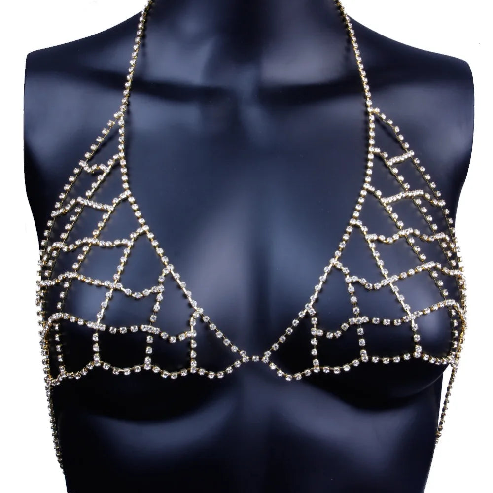 Rhinestone Mesh Body Chain Bra Accessories for Women Waist Chain Thong Panties Underwear