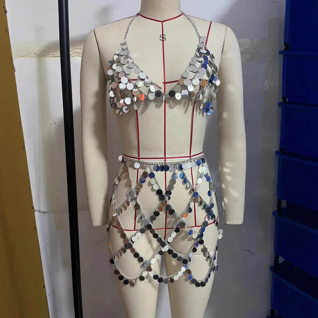 Sexy Sequins Hanging Neck Bra Top Chest Chain and Skirt Women Beach Crystal Tassel Pendant Body Chain Festival Y2K Jewelry