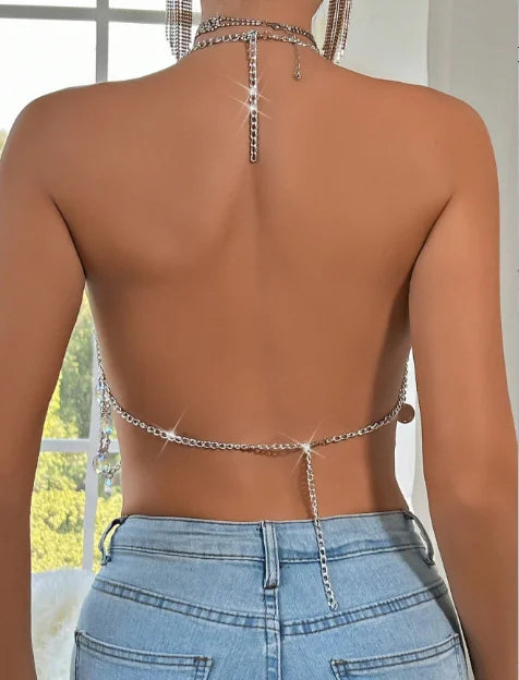 Festival Crystal Sweet  Chain Top for Women Body Jewelry Party Rave Chest Chain Summer Beach Cover