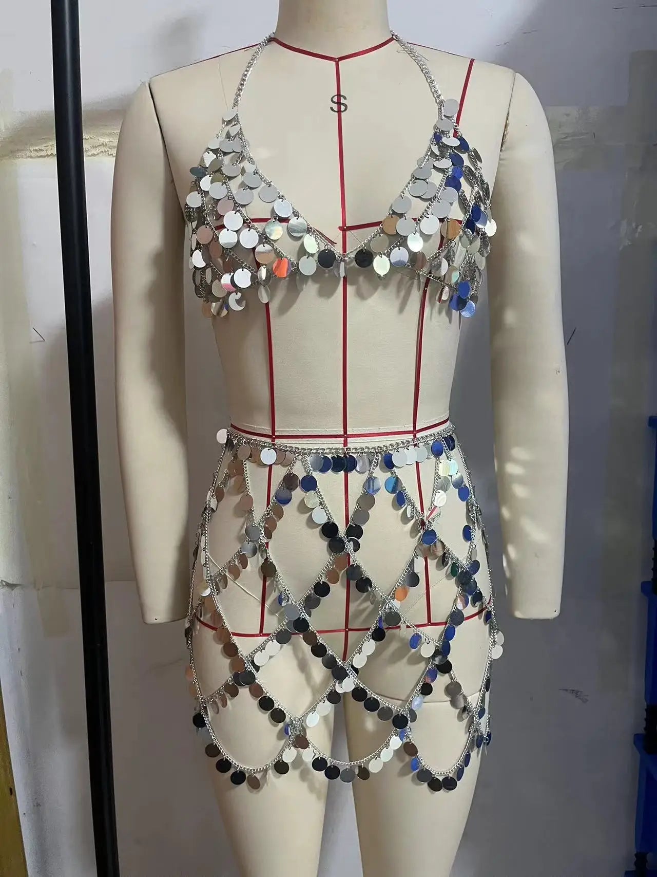 Sexy Sequins Hanging Neck Bra Top Chest Chain and Skirt Women Beach Crystal Tassel Pendant Body Chain Festival Y2K Jewelry