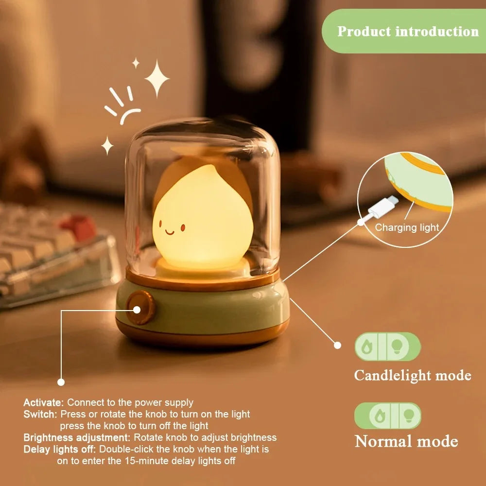 LED Night Light Cute Flameless Candle Light with Two Modes USB Rechargeable Dimmable Camping Light For Bedroom Decor