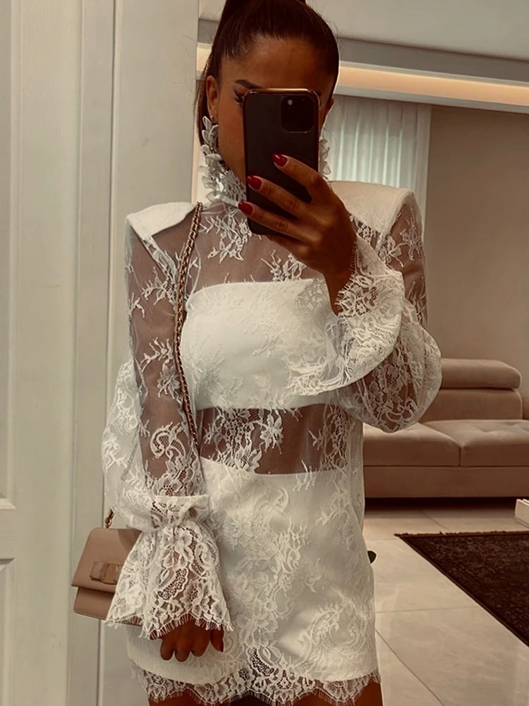 JULISSA MO Turtleneck Sexy Sheer Lace Mini Dress Women Black Long Sleeve Shoulder Pads Dress Loose Elegant Club Party Dress 2026