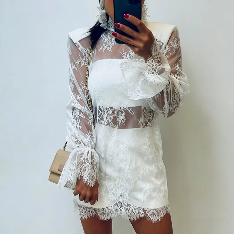 Talenza Black Lace Dress Women's Sexy See-Through Cutout Lace Patchwork Mini Dress New High-Waisted Party Club Y2K Female Dress