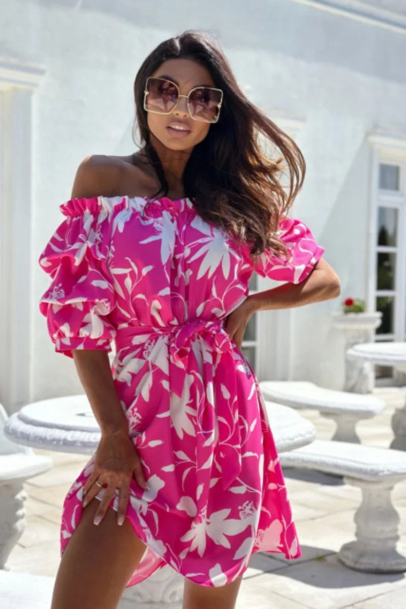 Tropical Leaf Print Off The Shoulder Ruffled Short Sleeve Mini Dress